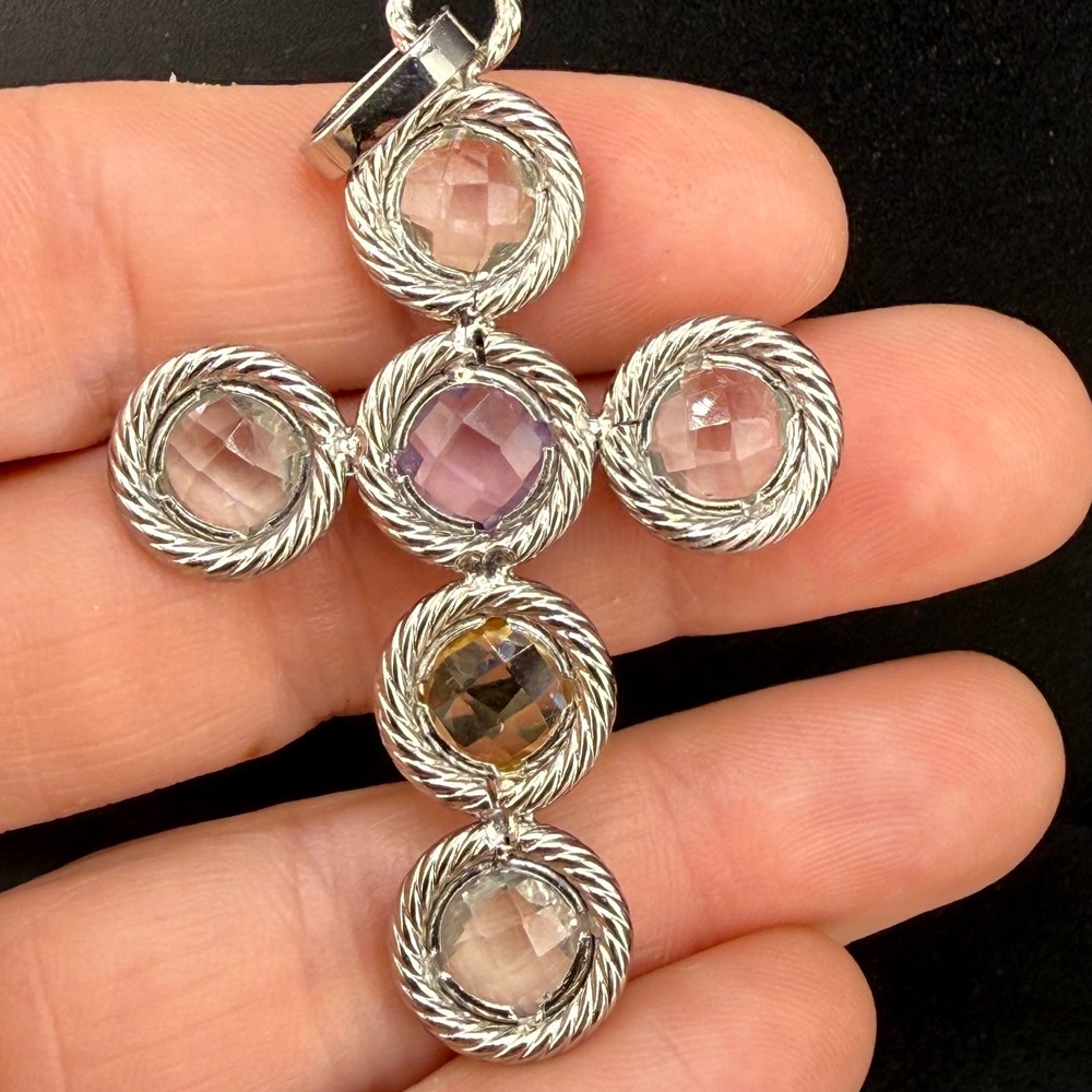 Milor Cross Pendant Silver Tone Multi Gemstone Italy Stainless Steel Rope Border